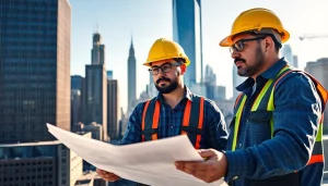 New York Commercial General Contractor team collaborating on a high-rise project in the bustling urban landscape.