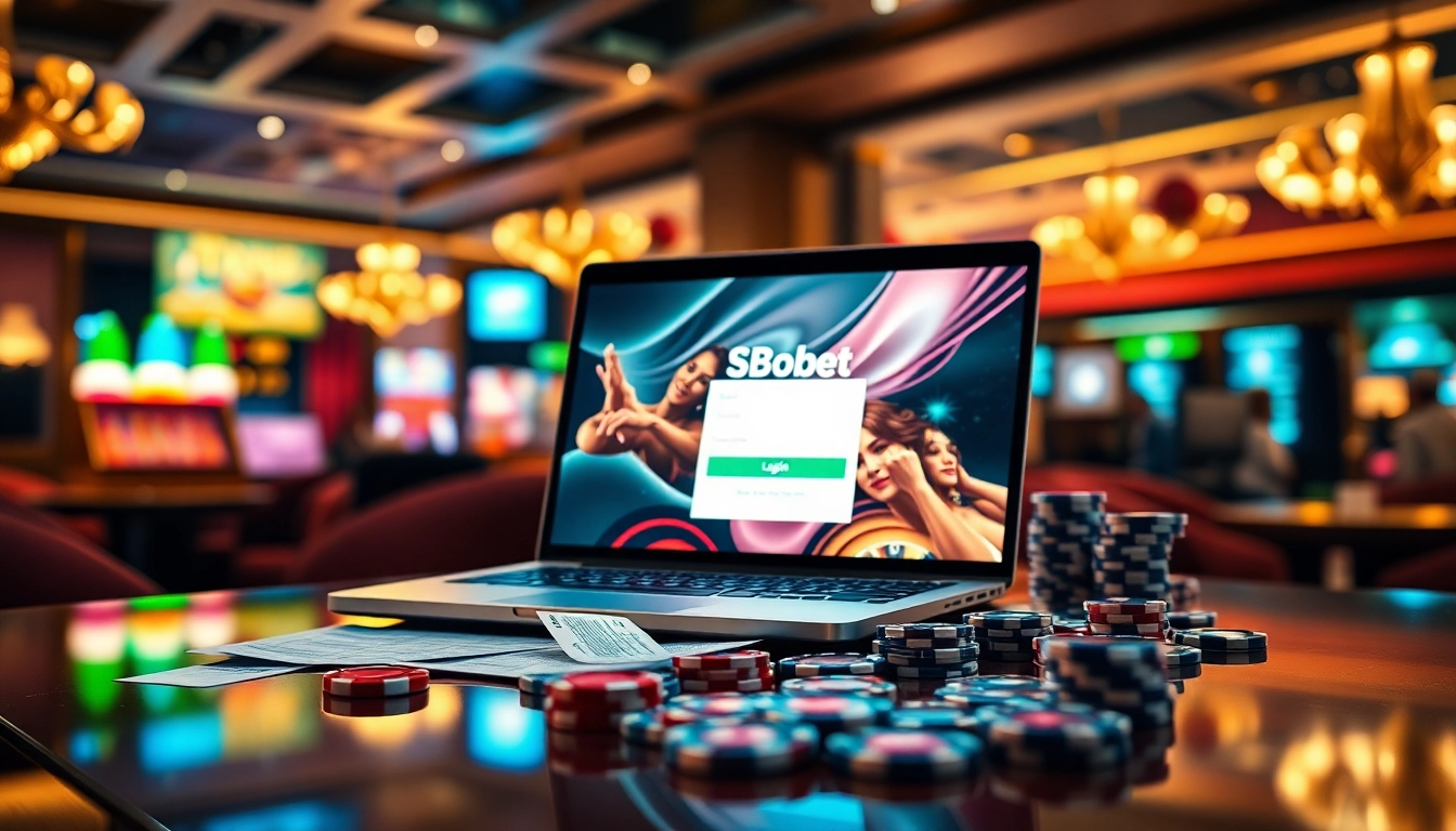 Simplify your sbobet login with a stylish online casino interface showcasing exciting gambling elements.