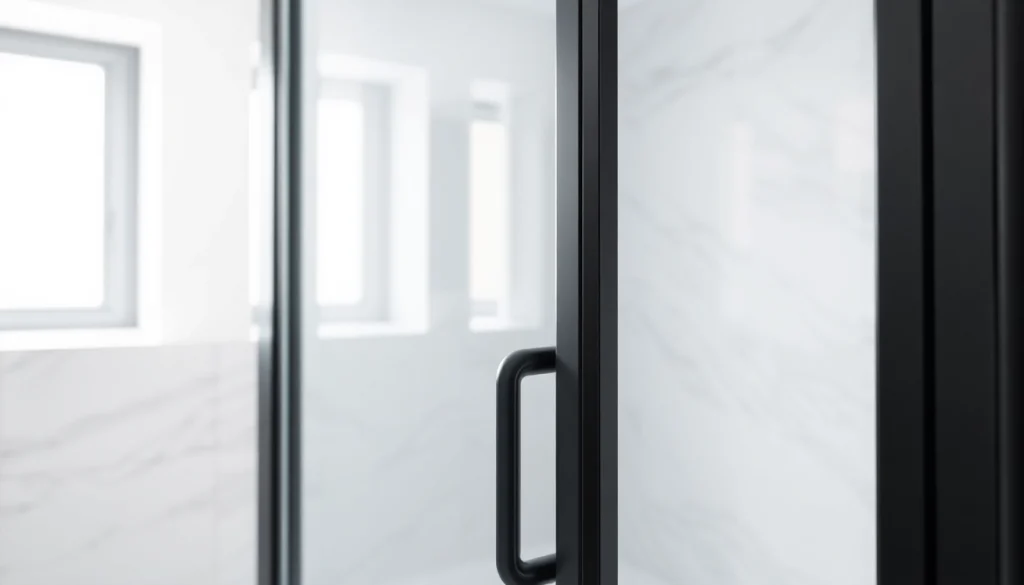 Stylish black shower door black frame enhances modern bathroom decor.