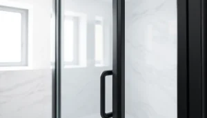 Stylish black shower door black frame enhances modern bathroom decor.