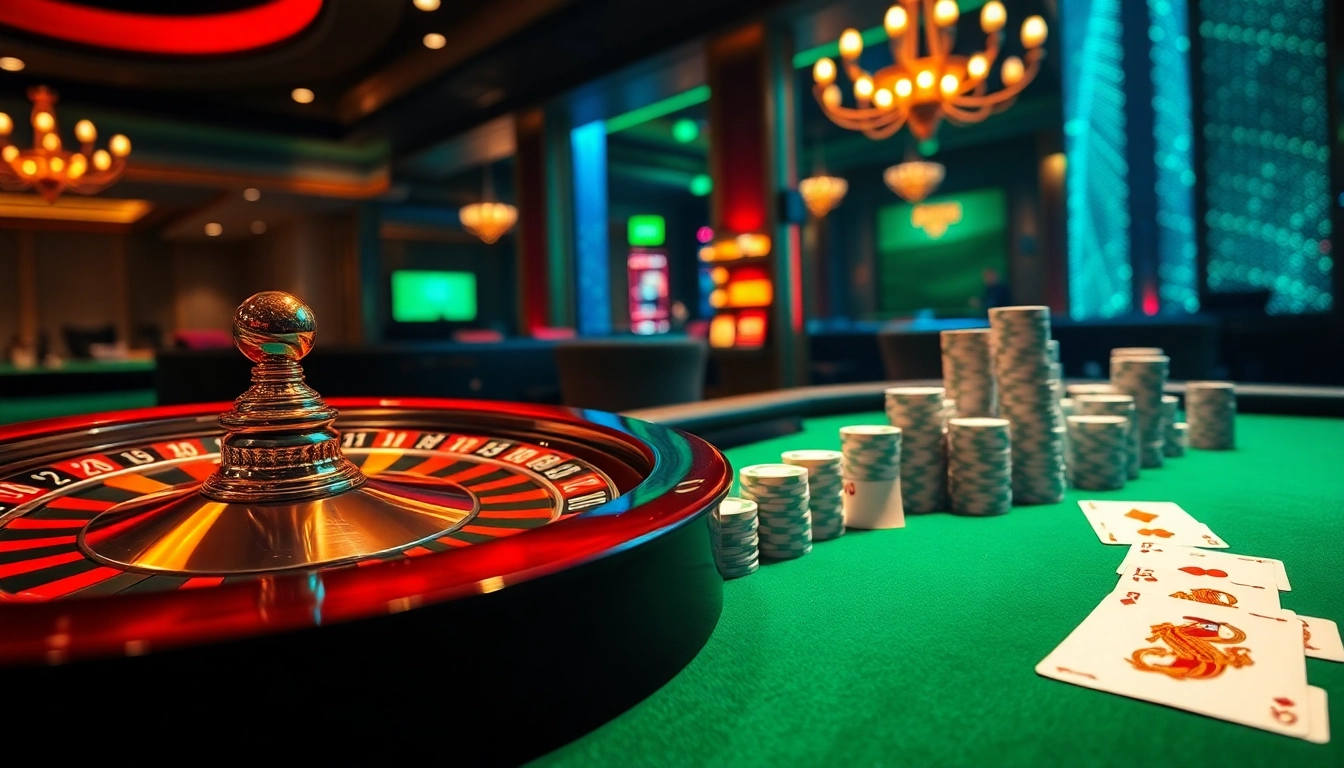 Experience the excitement of RR88 with a luxurious casino scene featuring roulette and poker.