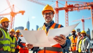New York City General Contractor supervising a busy construction site with blueprints.