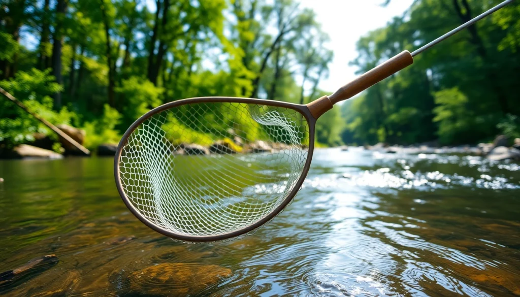 Catch a glimpse of a high-quality Fly fishing net in a picturesque river scene.