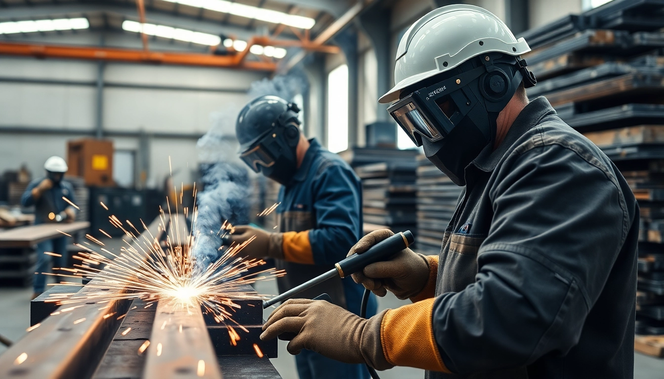Welders engaged in structural steel welding with precision tools in an industrial workshop.
