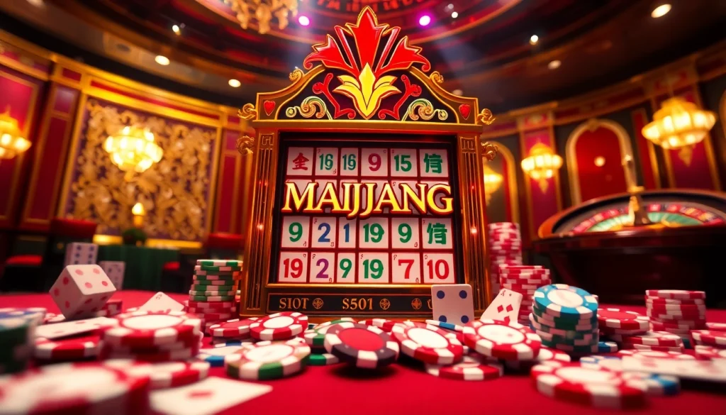 Adegan menarik dari mesin slot demo Mahjong yang menampilkan chip poker berwarna-warni dan kartu dalam suasana kasino mewah.