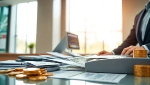 Menggambarkan proses deposit 1k di bank dengan uang tunai dan dokumen di meja bank.