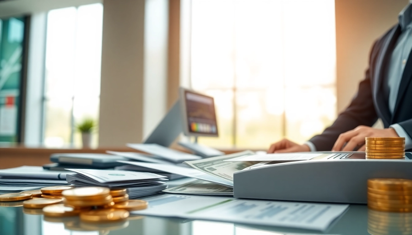 Menggambarkan proses deposit 1k di bank dengan uang tunai dan dokumen di meja bank.