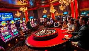 Players engaging with slot machines and poker tables, highlighting link alternatif onicplay in a vibrant casino atmosphere.