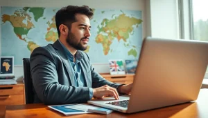 Navigate the uk eta online application with confidence, showing a focused traveler at a laptop.