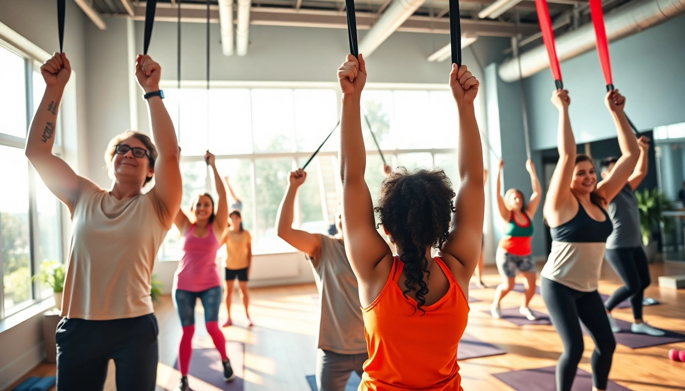 Individuals engaging with pull-up resistance bands in a vibrant gym setting, showcasing strength and fitness.