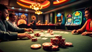 Sbobet players strategizing at a high-stakes poker table in a vibrant casino.