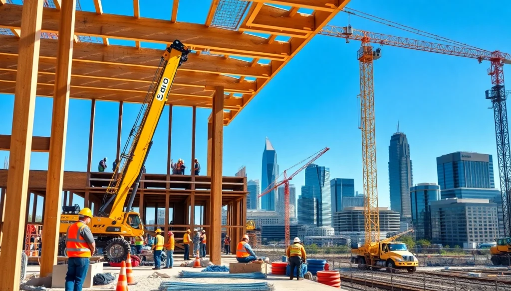 Austin construction site showcasing energetic workers and cranes enhancing city skyline.