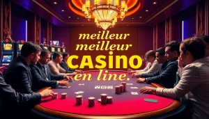 Scène captivante à une table de poker dans le meilleur casino en ligne avec des jetons et des cartes vibrants.