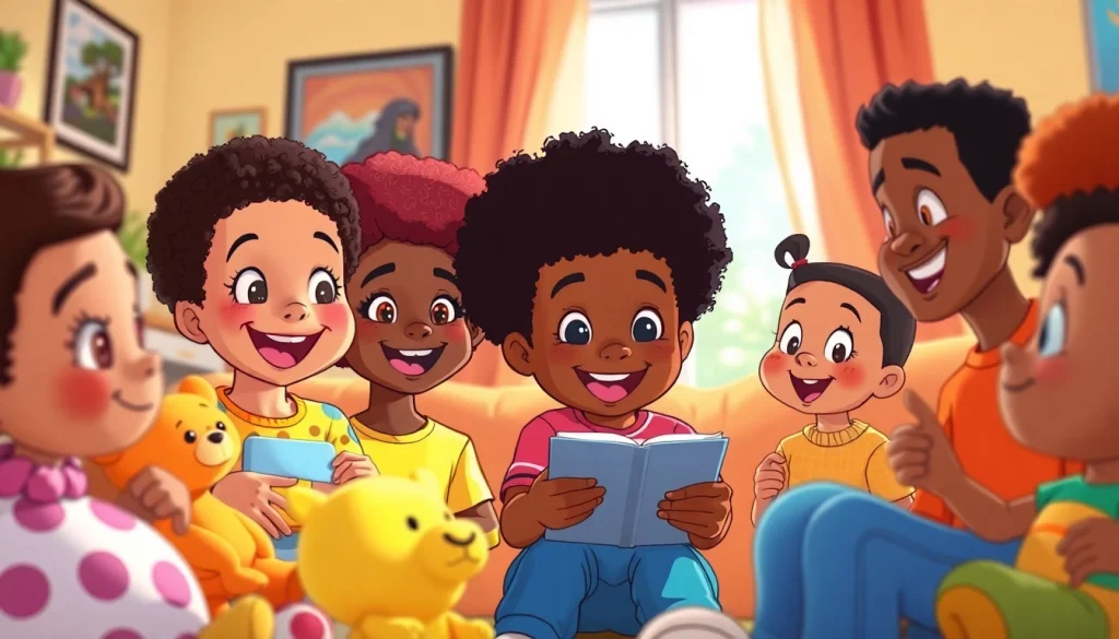 A playful scene with children enjoying African American cartoons, showcasing diversity and representation in animation.