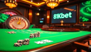 Experience thrilling gaming at 8kbet with luxury casino tables and vibrant atmosphere.
