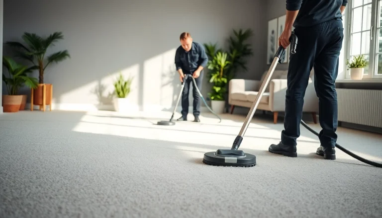 Technician enhancing a carpet cleaning business with professional tools in a bright room.