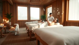 평화로운 스파 환경에서 편안한 남성 고객이 있는 속초 마사지 세션