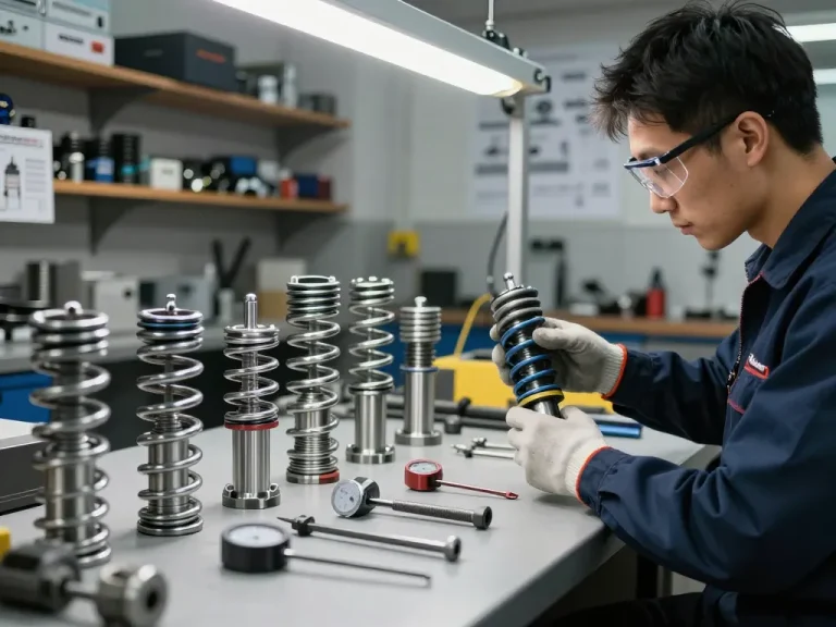Tehnician expert inspectând Arcuri elicoidale într-un mediu profesional de atelier auto cu echipamente de înaltă calitate.
