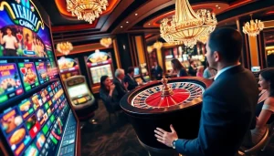 Scène de jeu en ligne passionnante au casino en ligne France avec des machines à sous et des jetons de poker.