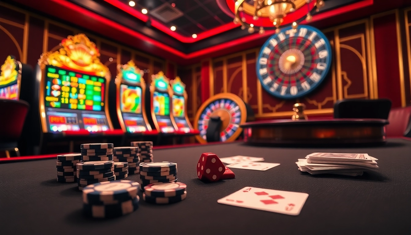 A lively casino scene showcasing the excitement of gambling at nhà cái 28bet with poker chips and a roulette wheel.