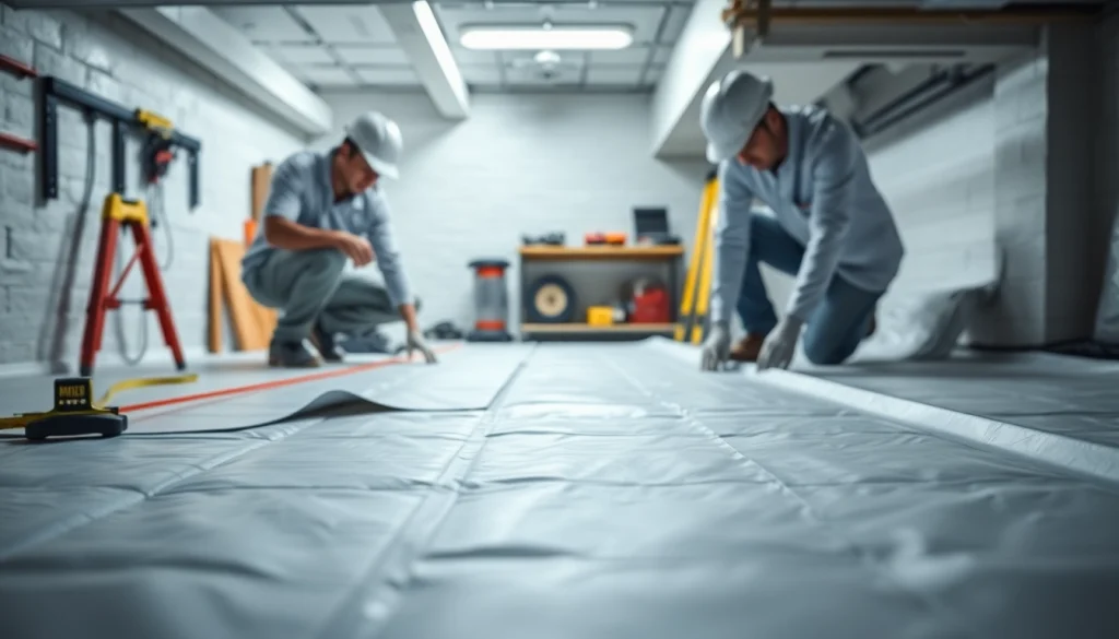Technician performing Vapor Barrier Installation in a clean crawl space with professional tools.