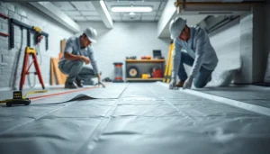 Technician performing Vapor Barrier Installation in a clean crawl space with professional tools.
