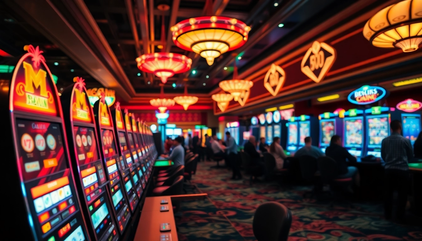 Menampilkan dewalive alternatif dengan mesin slot berwarna dan meja permainan yang ramai di kasino.