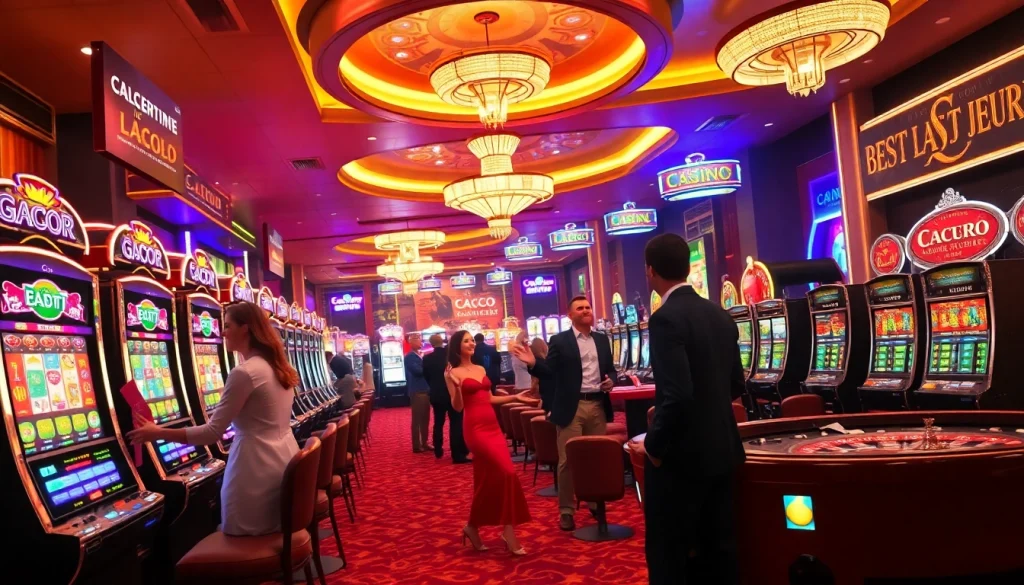 Players enjoy the thrill of slot gacor machines in a vibrant casino atmosphere, celebrating wins.