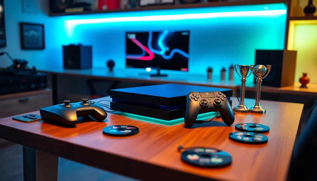 PS Plus na eleganckim biurku z konsolą do gier i akcesoriami.