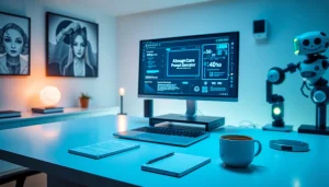 Image to prompt ai showcasing a modern workspace with AI tools and ambient lighting