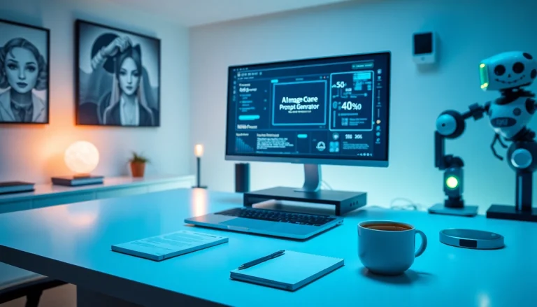 Image to prompt ai showcasing a modern workspace with AI tools and ambient lighting