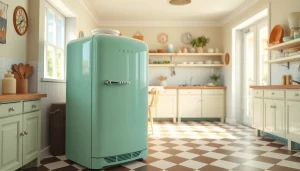 Charming retro appliance in pastel mint green, brightening a sunlit kitchen scene.
