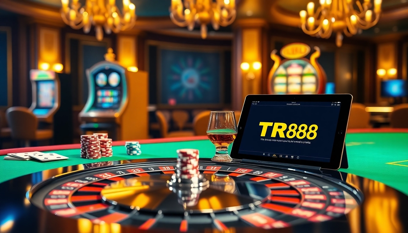 Engaging casino scene with TR88 branding visible on a tablet, roulette table, and slot machine.