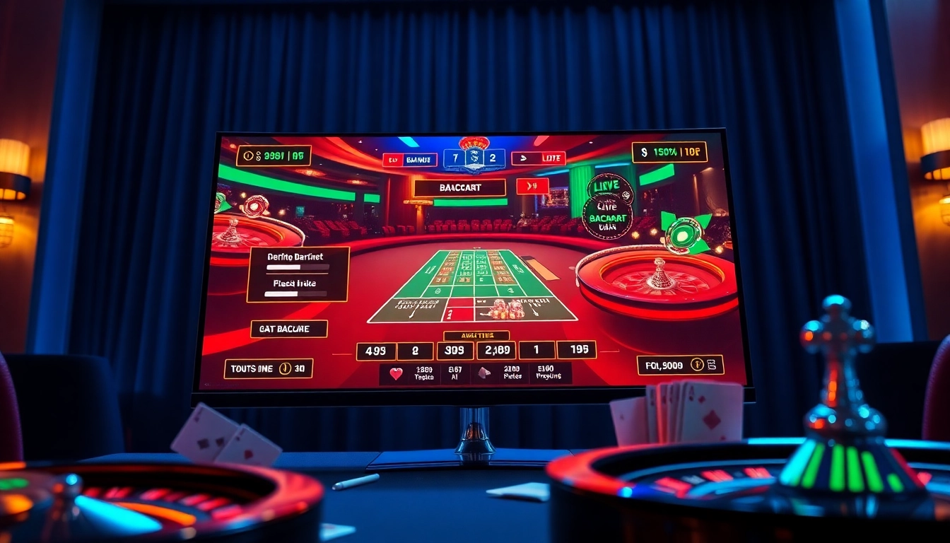 세련된 모니터에서 바카라 게임 플레이를 보여주는 역동적인 온라인 카지노 인터페이스, 카지노사이트에 대한 신뢰와 흥미 강조.