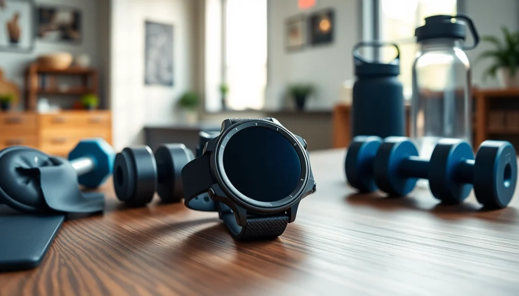 Showcasing the stylish Pulse Smart Watch on a desk surrounded by fitness gear.