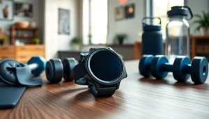 Showcasing the stylish Pulse Smart Watch on a desk surrounded by fitness gear.