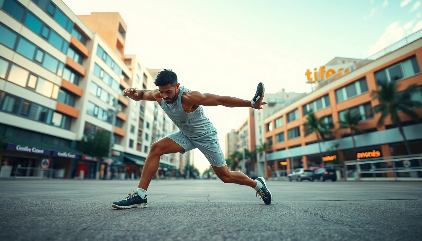 Phantom athletics athlete displaying agility and strength in a vibrant urban setting.