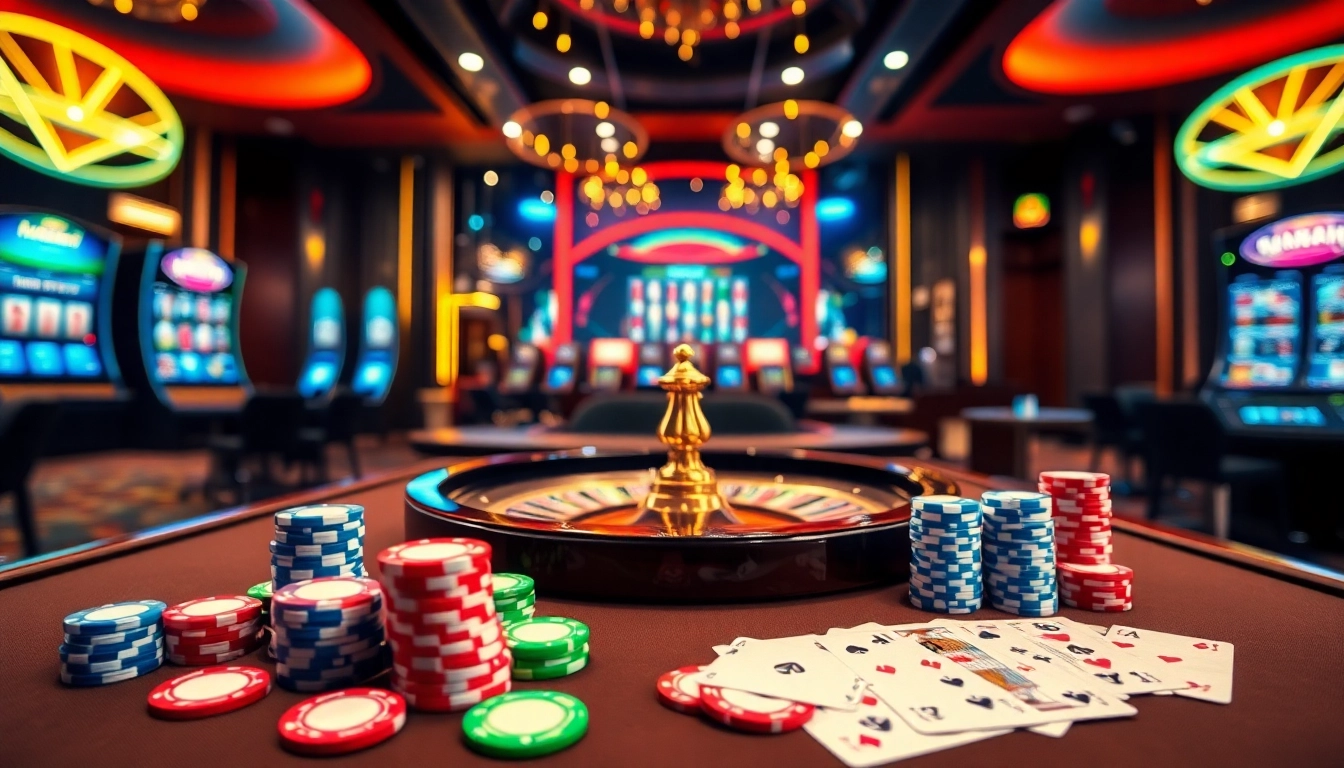 Découvrez l'excitation du 'casino en ligne france' avec des jetons de poker vibrants et une roulette.