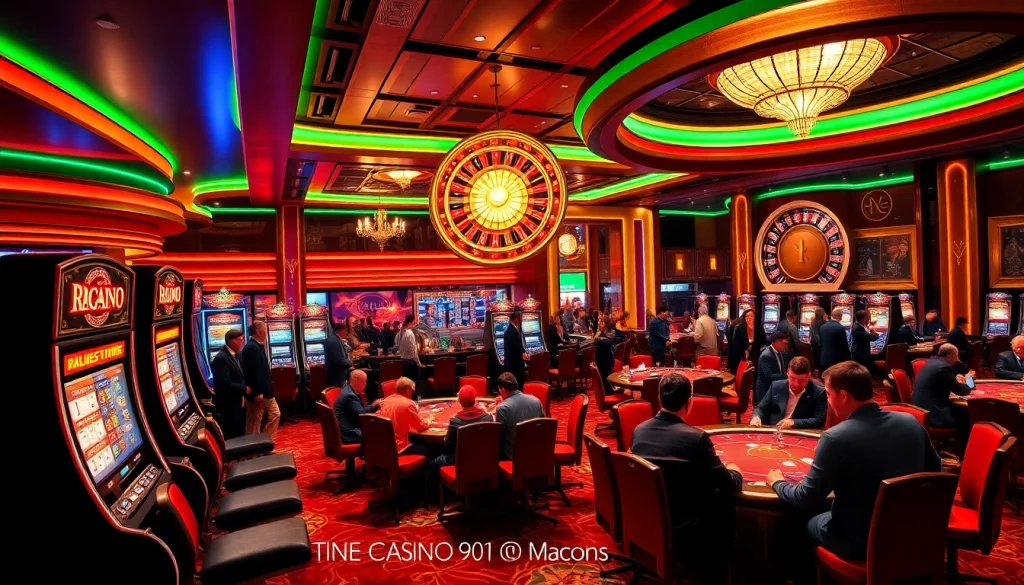 Une scène palpitante dans un casino en ligne France avec des joueurs engagés aux tables de poker et des machines à sous vibrant.