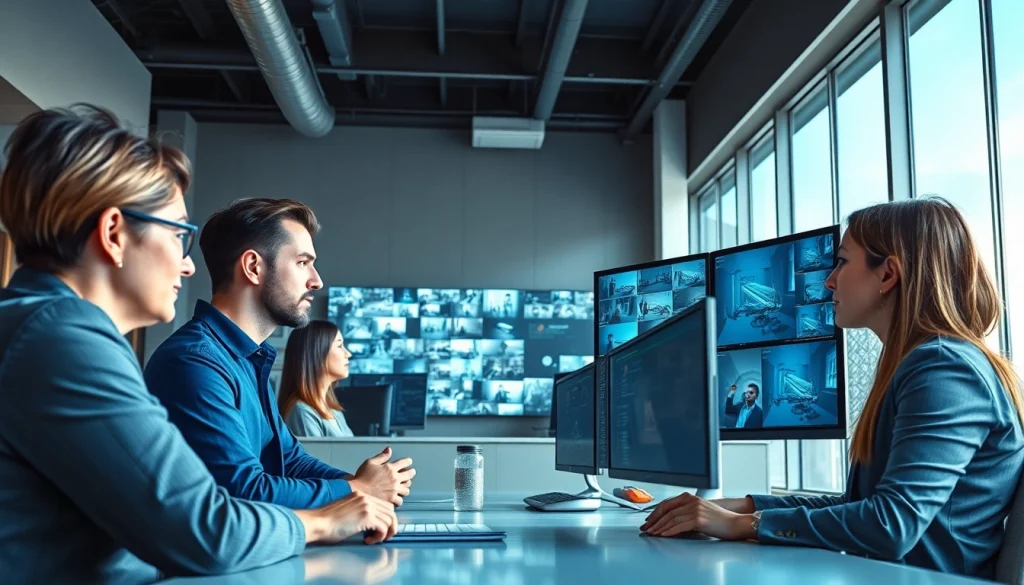Debates de expertos en una oficina moderna de una empresa de seguridad que muestra tecnología avanzada de vigilancia.