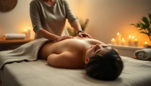 편안한 클라이언트와 치료사가 있는 고요한 스파 환경에서의 마사지 요법.