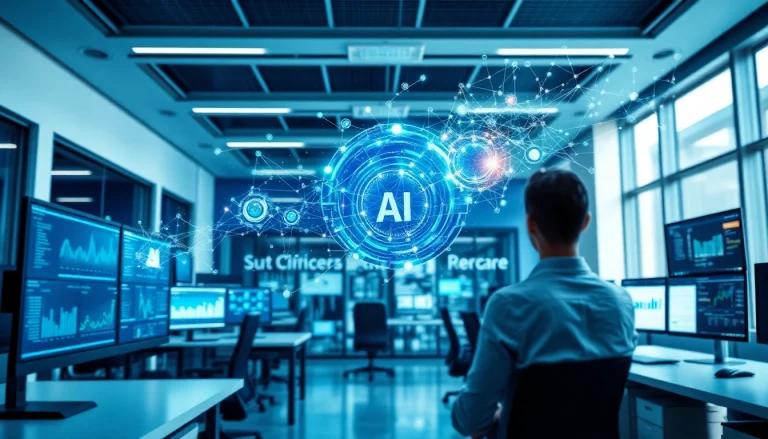 Visualize AI claims processing with advanced analytics in a modern office, showcasing human and machine collaboration.