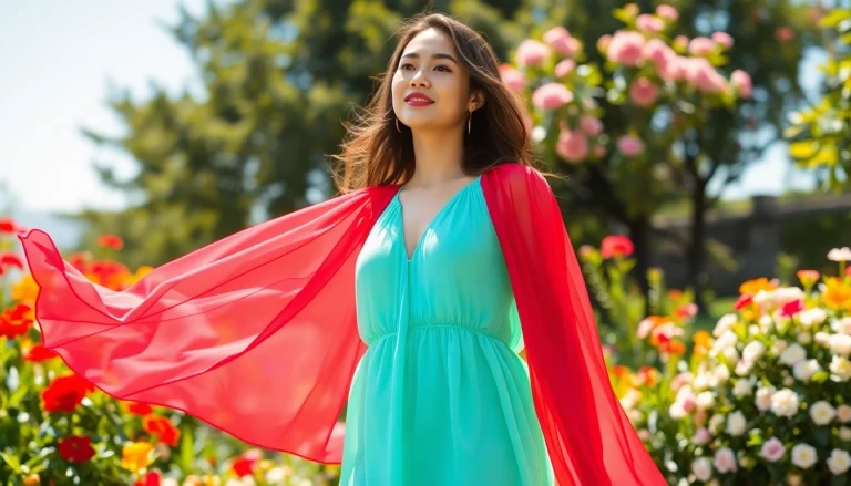 Chiffon jurk onthult elegantie in een zonovergoten tuin vol bloemen.