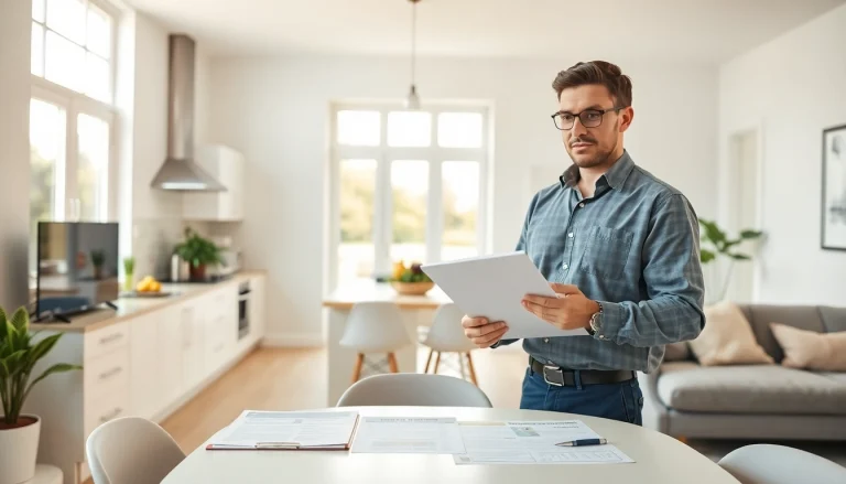 Landlord evaluating home warranty for rental properties in a well-lit home.