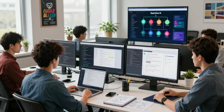Developers collaborating on AI projects using the clawbot assistant in a modern office setting.