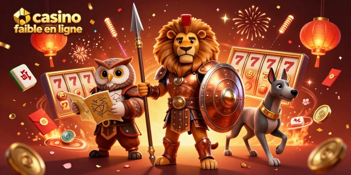 Engagez-vous dans le monde passionnant du casino fiable en ligne avec une illustration 3D vibrante représentant un lion spartiate, une chouette tactique et un lévrier rapide.
