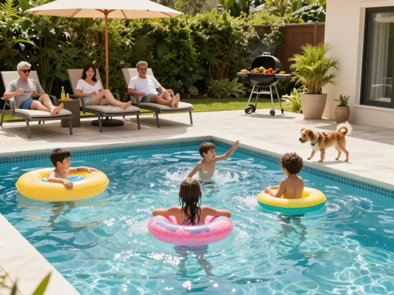 Dolphin Pool Services - family enjoying vibrant summer day by backyard pool with floats and greens