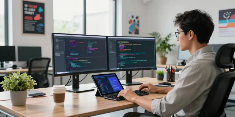 AI prompt image generation in a modern office, showcasing vibrant code and creative workspace.