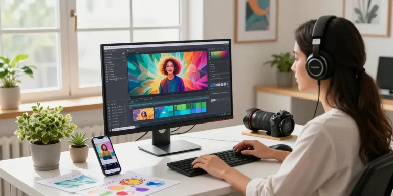 Creator using seedance ai in a modern workspace generating vibrant AI videos with colorful designs.
