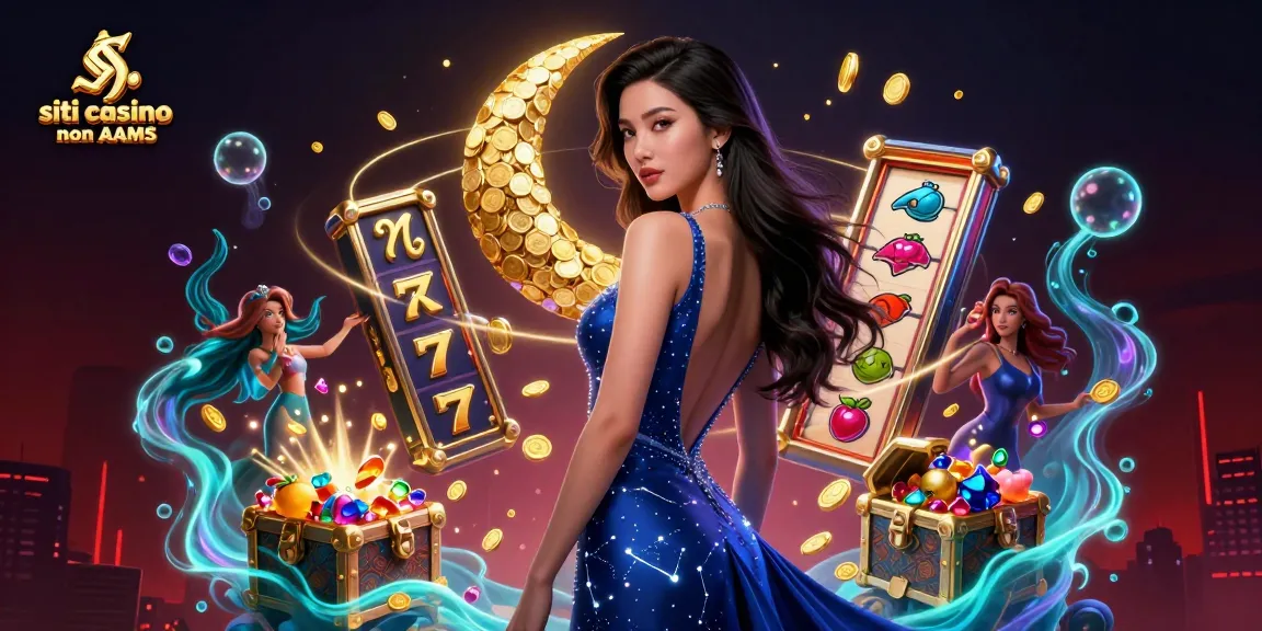 Scena coinvolgente di siti casino non AAMS con una donna elegante e elementi di gioco alle slot vibranti.